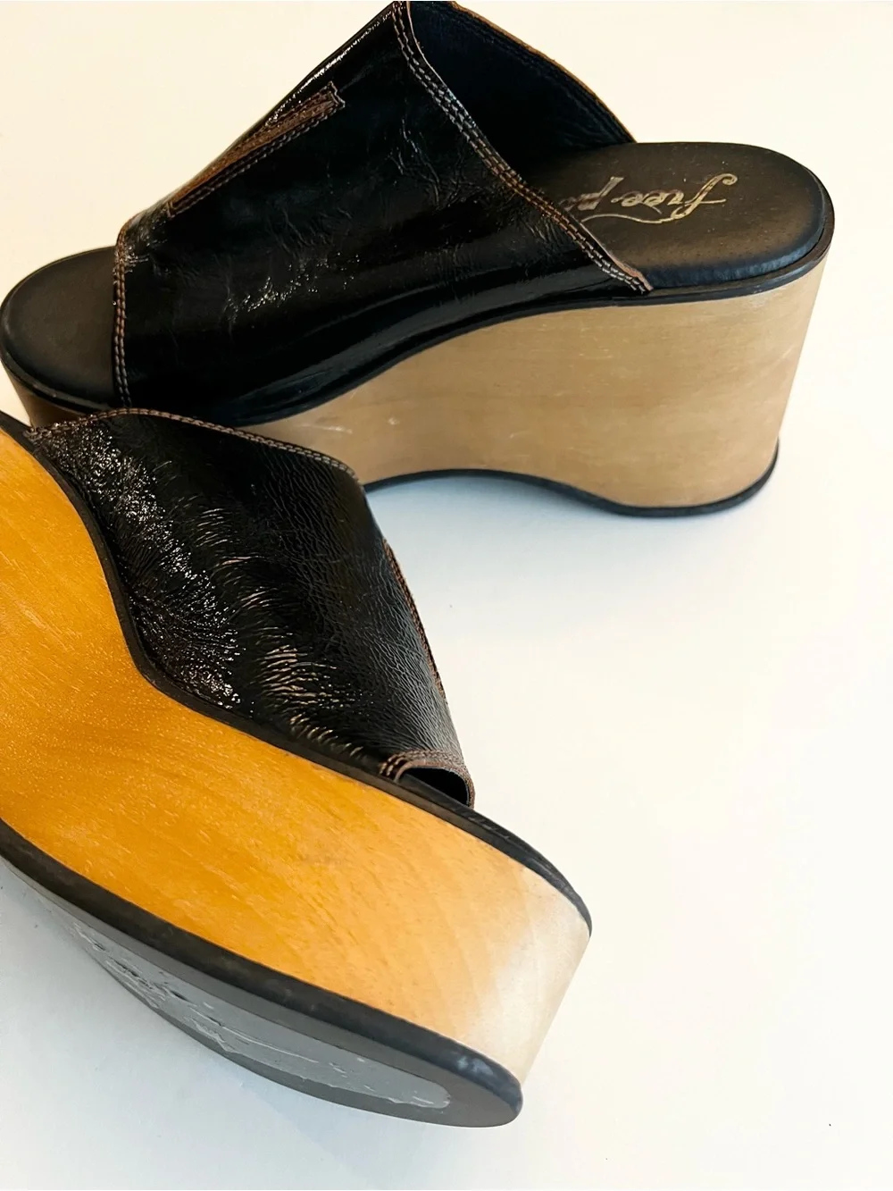 Free People Gabriela Black Glossy Open Toe Platform Slide Shoes